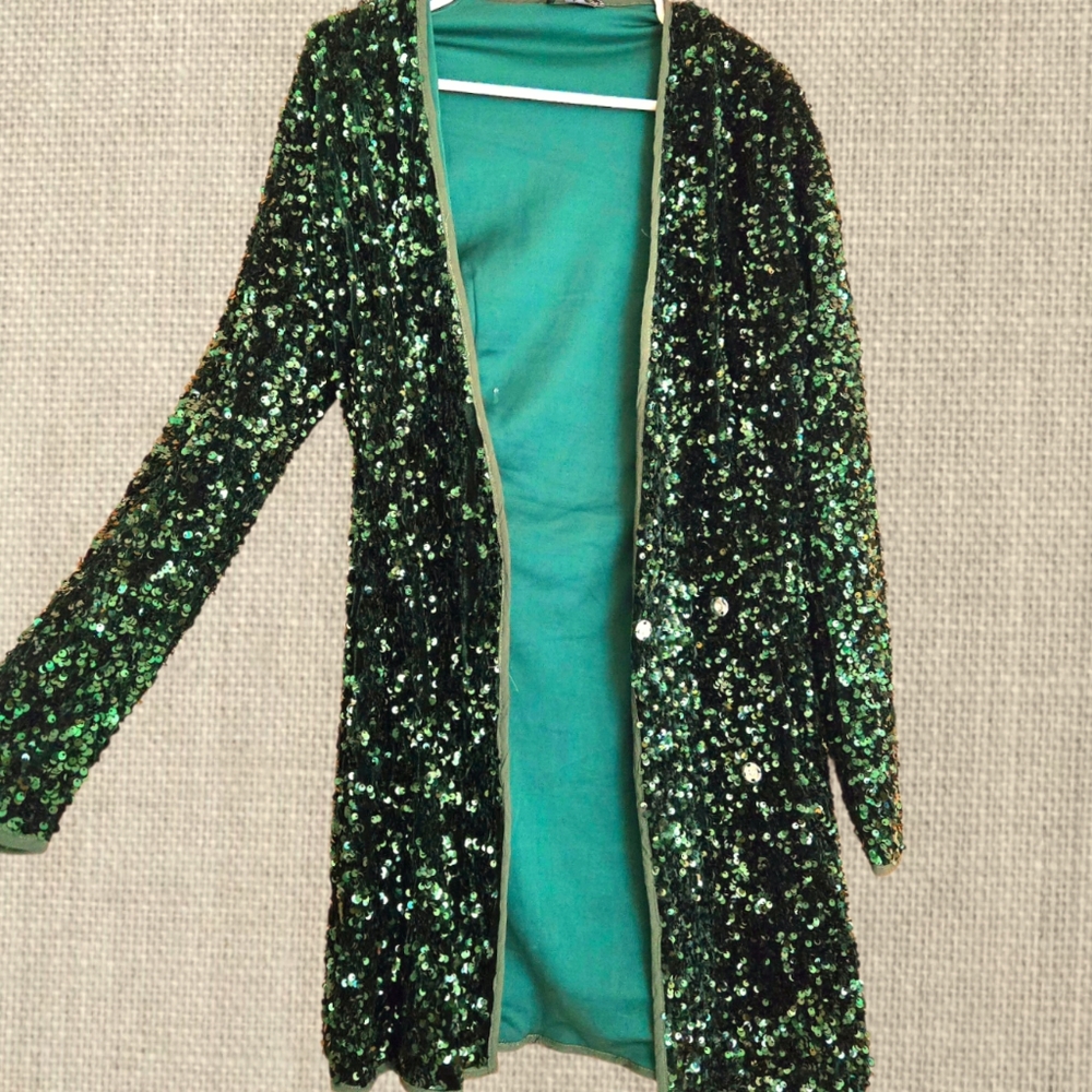 Deep Forest Green Sequined Jacket / Mini Wrap Dre… - image 2